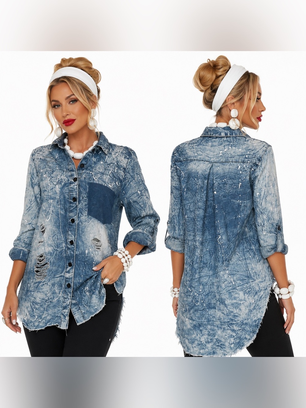 Thrill Acid Wash Distressed Raw Frayed Hem Button Up Top Womens SZ L Grunge Rock